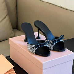 LIZAKOSHT - Water Diamond One Line Sandals for Women's Summer New High Heels Slim Heel Round Head Bow Slippers