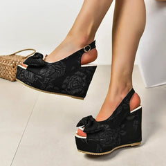LIZAKOSHT - Slope Heel Sandals Female Summer New Bow Embroidery High-heeled Fish Mouth Shoes Thick Bottom Fashion Versatile Women Shoes