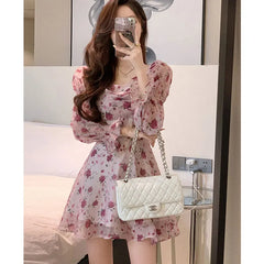 LIZAKOSHT - Korean Floral Pink Mini Dress Woman Spring Sweet Backless Long Sleeve Dress Party Elegant One Piece Princess Style A Line Dress