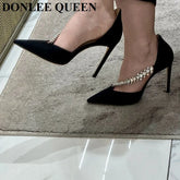 LIZAKOSHT - New Fashion Brand Crystal Embellished High Heels Shoes Women Pointed Toe Dress Rhinestone Wedding Party Pumps Black Suede Sandal