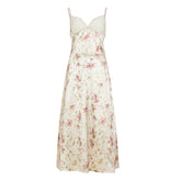 LIZAKOSHT - Floral Print Lace Patchwork A-line Satin Vacation Midi Dress High Street Outfits Women Sexy Spaghetti Straps Backless Party Robe