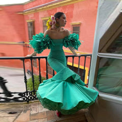 LIZAKOSHT - Green Off The Shoulder Mermaid Evening Gowns Saudi Arabia Short Sleeve Tiered Trumpet Prom Dresses Dubai Formal Party Dress