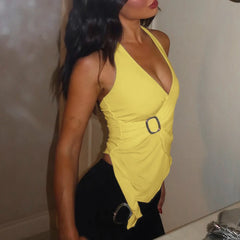 LIZAKOSHT - Summer Solid Sleeveless Halter V Neck Backless Buckle Backless Lacing Sexy Crop Top for Women Club Partywear