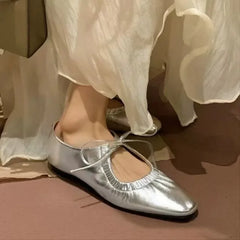 LIZAKOSHT - Spring/Summer Women Shoes Ballet Flats Ladies Leather Shoes Girl New Narrow Band Silver Flats Bling Bling Gold Round Loafer