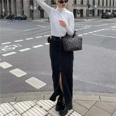 LIZAKOSHT - Summer Midi skirts vintage clothes korean style skirts for women blue jeans skirt high waisted denim skirt black front slit