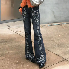 LIZAKOSHT - American Jeans Hot Girl Printed Gem Pattern Women New Design Micro-Flared Floor-Length Trousers