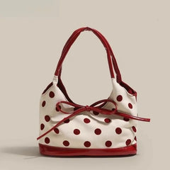 LIZAKOSHT - Retro Dot Red Handbag Women Versatile Bow Large Capacity Casual Shoulder Bags Ladies Sweet Cute Underarm Bag Aesthetic