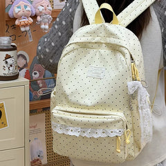 LIZAKOSHT - Fashion Polka Dot Travel Backpack Large Capacity Nylon Student Schoolbag Multi-pocket with Lace Laptop Daypack Daily Travel Bag