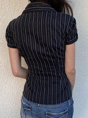 LIZAKOSHT - Streetwear Stripe Blouse Women Turndown Collar Tunic Y2k Aesthetic Crop Tops Harajuku Pleated Grunge Sexy Shirts Blouses