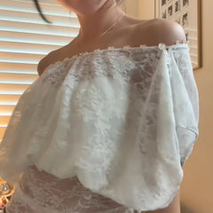 LIZAKOSHT - Stylish Delicate Lace Off Shoulder Short Tops Holiday Style Buttons Waist-cinching Shirts Lady Club Party Popular Streetwears