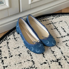 LIZAKOSHT - New Cute Moon Print Office lady Square Med Heels Shoes Women Lovely Ballet Style Shoes Denim blue Slip-on Pumps