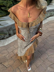 LIZAKOSHT  -  Printed Flounce Lace Up Long Halter Dress Woman Slim Sleeveless Patchwork Color Chic Robes Sexy Beach Vacation Women's Dresses