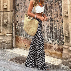 LIZAKOSHT - Lady Boho Style Elastic High Waist Tight-fitting Flare Pants Aesthetic Printing Holiday All-match Trendy Trousers Leggings
