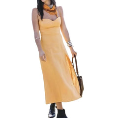 LIZAKOSHT  -  Sexy Solid Yellow Corset Style Bow Lacing up Strap Sling Dress Retro French Style Women Hem Slit Midi Long Dresses Holiday Robe