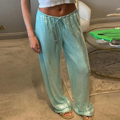 LIZAKOSHT - Fashion Sequin Wide Leg Pants Women Casual Loose Lace Up Low Waist Straight Trousers 2025 Summer Lady Vintage High Street Pants