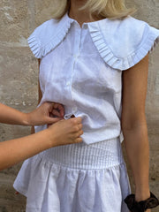 LIZAKOSHT - Chic Lien Ruffle Collar Shirt Shorts Set Women Elegant White Sleeveless Shirts High Waist Pleated Skirt 3Piece Sets Lady Holiday