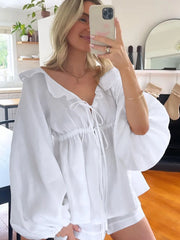 LIZAKOSHT - Cotton Linen Shorts Sets V-Neck Long Lantern Sleeve Lace-up Casual Shirts Loose Shorts Fashion Office Lady Style Solid Pant Suit