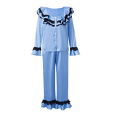LIZAKOSHT - Women Satin Silk Pajamas Lace Trim Long Sleeve Turn Down Ruffles Button Up Blouse Tops + Pants Lounge 2 Pcs Set