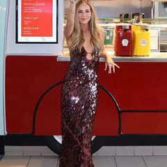 LIZAKOSHT - Glitter Sequins Spaghetti Straps Women's Long Maxi Dress Sleeveless Backless High Waist Sexy Evening Birthday Party Gown