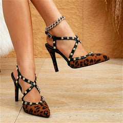 LIZAKOSHT  -  Rivet Ankle Strap High Heels Woman Leopard Sexy Slingbacks Shoes Pointed Toe Party Prom Shoes 2025 Fashion Pumps Women Sandals