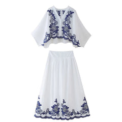 LIZAKOSHT - 2024 Women Contrast Floral Embroidery White Skirt Back Elastic Waist A-line Summer Long faldas largas