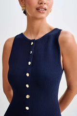 LIZAKOSHT - Summer Lady Knitted Single Breasted Long Dresses Women Solid Sleeveless O Neck Button Bodycon Party Female Vestidos