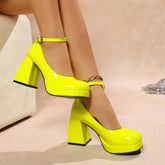 LIZAKOSHT - Big Size 44 Summer Vintage y2k Pink Platform Pumps Black Yellow Sweet Chunky High Heels Ankle Strap Pumps Shoes Women