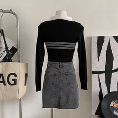 LIZAKOSHT - Knitted Sweater Contrast Lapel Striped College Style Long Sleeve Women'S Spring And Autumn Korean Style High Waisted Short Top