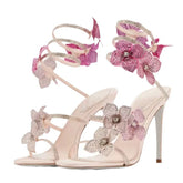 LIZAKOSHT - Sexy CRYSTAL Flower Thin High Heels Women Sandals Street Style Narrow Band Ankle Strap Pole Dancing Ladies Shoes