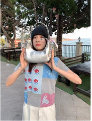 LIZAKOSHT - Korean chic Summer O Neck Short Sleeve Geometric Print Cartoon Slim Women's T-shirts