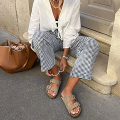 LIZAKOSHT - Plaid Long Pants Women Y2k Wide Leg Drawstring Striped Lounge Pants Gingham Plaid High Waist Pajama Trousers