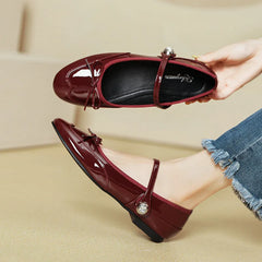 LIZAKOSHT - japanned leather bowtie flat shoes woman round toe rhinestone buckle mary janes ballet flats women soft bottom bow moccasins