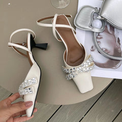 LIZAKOSHT - Rhinestone Bow High Heeled Sandals Women Ankle Straps Low Heel Slingback Sandals Square Headed Pumps Women Sandalias Mujer