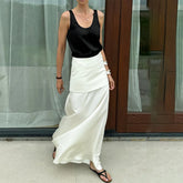 LIZAKOSHT - Elegant Satin White Long Skirts for Woman Office Folds A Line Skirts Summer Casual Solid Ankle Length Skirt Spring