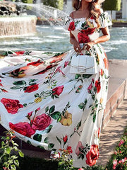 LIZAKOSHT - Patchwork Short Flying Sleeve Party Dress, Women Summer Slash Neck Loungewear Dress, Simple Printing Elegant Ladies Dress