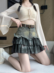 LIZAKOSHT - Women Blue A-line Denim Skirt Vintage Aesthetic Y2k Mini Jean Skirt Harajuku Korean Streetwear Cowboy Skirt 2000s Clothes Summer