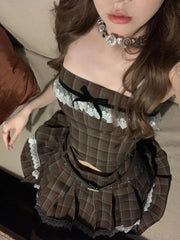 LIZAKOSHT - Japanese Lolita Kawaii 2 Piece Set Women Korean Off Shoulder Skirt Suit Female Sweet Y2k Bow Blouse + Cute Lace Plaid Skirt