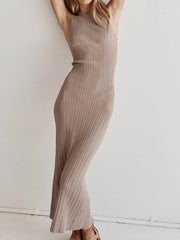 LIZAKOSHT - Knitted Pit Stripe Dress Women Solid Color O Neck Sleeveless Dress Ladies Elegant Fashion Casual High Waist Silm Long Dresses