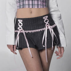 LIZAKOSHT - Y2k Girl Lace Bow Low Waist Pleated Striped Skirt Pastel Goth Sweet Pleated Skirt Women Aesthetic Fairy Grunge Elegant Skirt
