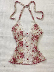 LIZAKOSHT - Summer Woman Floral Halter Lace Blouse 2025 Vintage Sexy Slim Fit Fairy Korean Fashion Female Tops Outfits Elegant Style