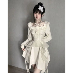 LIZAKOSHT  -  Hikigawa Spring Solid Causal Women Dress All Match Long Sleeve Slim Waist Dresses Vintage Chic Fashion Elegant Vestido De Mujer