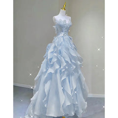 Elegant Blue Strapless Evening Dress Women New Fresh Sweet Ruffles Temperament Banquet Party Gown Luxury Exquisite Prom Dresses