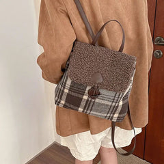 LIZAKOSHT - Retro Lamb Wool Backpack for Women's Autumn/Winter New Checkered High Quality Backpacks