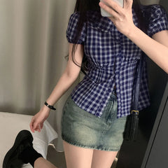 LIZAKOSHT - Retro Blue Checkered Short Sleeved Waist Up Shirt for Women with Bubble Sleeves and A Lapel Top