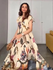 LIZAKOSHT - Loose Print Tube Long Dress For Women O-neck Short Sleeve Draped Casual Robe 2025 Summer Elegant Female Evening Party Dresses