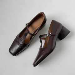 LIZAKOSHT - Fashion Pumps New High Quality True Leather Square Head T-shaped High Heels Mary Jane Shoes Commuter Women's Shoes