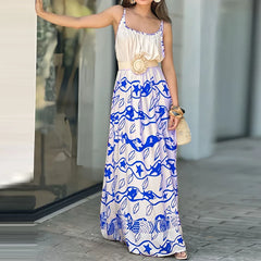 LIZAKOSHT  -  Fashion Contrast Printed Bohemian Vacation Dress Sexy U Collar Swing Evening Dresses 2025 Spring Summer New Suspender Long Dress