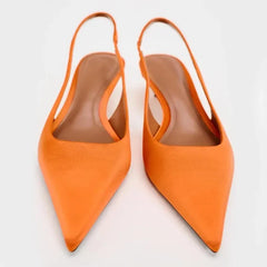 LIZAKOSHT - Summer High Heels Woman Luxury Sandals Fashion Pointed Elegant Office Slingbacks Stiletto Orange Silk Dress Lady Party Shoes