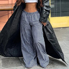 LIZAKOSHT  -  Spring New Product Simple and Personalized Waist Collection Color blocked Grid Design Wide Legs Comfortable Pants