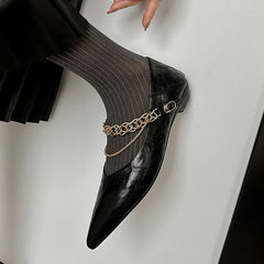LIZAKOSHT - Fashion Pumps New High Quality Genuine Leather Chain Pointed Shallow Mouth Low Heel Women's Shoes Modern Commuter Shoes